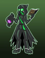  anthro avian beak belt bird book clothing coat drone gas_mask green_eyes hi_res holding_mask hood latex latex_clothing latex_skinsuit lettuce_(artist) male mask plague_doctor rubber_clothing skinsuit solo spellbook tarot_(sigmaw) tight_clothing topwear 