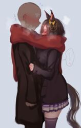  1boy air_groove_(umamusume) animal_ears bad_id bad_pixiv_id blush bow breasts brown_hair closed_eyes coat commentary couple ear_bow female hair_between_eyes highres horse_ears horse_girl horse_tail large_breasts mmm_(mmm623) red_scarf scarf shared_clothes shared_scarf short_hair skirt spoken_blush symbol-only_commentary t-head_trainer tail trainer_(umamusume) umamusume 