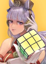  absurdres animal_ears bare_shoulders blue_bow bow brown_headwear commentary_request dress ear_bow female gloves gold_ship_(umamusume) grey_hair highres holding holding_toy horse_ears horse_girl long_hair looking_at_viewer pillbox_hat purple_eyes red_dress rubik&#039;s_cube simple_background sleeveless sleeveless_dress solo teeth tonariuta tongue tongue_out toy umamusume upper_body upper_teeth_only white_gloves yellow_background 