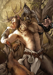  1boy abs animal_on_arm antlers arm_hair armpit_hair armpits bara bare_tree beard belt bird body_fur braid braided_beard brown_hair celtic_mythology cernunnos_(mythology) chest_hair closed_eyes deer facial_hair feet_out_of_frame fine_art_parody forest goat_boy goat_legs hairy highres horns jewelry large_pectorals leaning_to_the_side leather loincloth long_beard male_focus mature_male monster_boy muscular muscular_male nature navel navel_hair necklace nipples owl parody pectorals pelvic_curtain pointy_ears realistic reindeer_antlers salem_beiruti satyr short_hair snake solo stomach sunlight thick_beard thighs topless_male tree 