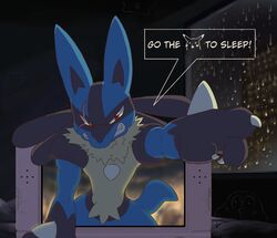  2023 annoyed anthro bed bedroom claws clenched_teeth dahecksajerry dialogue english_text first_person_view fur furniture generation_4_pokemon gesture hand_gesture inside looking_at_viewer lucario male meme narrowed_eyes night nintendo nintendo_3ds nintendo_ds_family on_bed pointing pointing_at_viewer pokemon pokemon_(species) profanity reaction_image scar solo spikes spikes_(anatomy) surprised_pikachu talking_to_viewer teeth text tuft window 