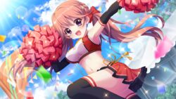  :d armpits black_gloves black_thighhighs blue_sky bow breasts cheerleader cloud confetti crop_top day dot_nose elbow_gloves female film_grain from_below game_cg gloves group_name haeno_akari hairbow hand_up izumi_tsubasu large_breasts lens_flare long_hair looking_at_viewer midriff miniskirt navel non-circular_lens_flare non-web_source official_art open_mouth orange_hair outdoors outstretched_arm pole pom_pom_(cheerleading) purple_eyes re:stage! red_bow red_skirt rope shimenawa skirt sky smile solo sparkle standing standing_on_one_leg string_of_flags sunlight thighhighs twintails zettai_ryouiki 