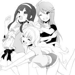  3girls ahoge asymmetrical_shirt black_hairband blunt_bangs bow cardigan closed_eyes coattails collarbone commentary_request denim denim_shorts eyelashes feet_out_of_frame flower frilled_shirt frills fur-trimmed_shorts fur_trim greyscale grin hair_flower hair_ornament hairband hug hug_from_behind idolmaster idolmaster_million_live! jacket long_hair long_sleeves midriff miniskirt monochrome multiple_girls one_eye_closed open_clothes open_jacket open_mouth outstretched_leg pointing pointing_forward shimabara_elena shirt short_sleeves shorts sidelocks skirt sleeves_past_elbows smile straight_hair tanaka_kotoha teeth tokoro_megumi tristar_vision_(idolmaster) waist_bow wavy_mouth white_background witoi_(roa) 