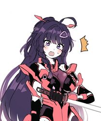  5rwpvc ^^^ ahoge blush braid breasts female hair_ornament hair_over_shoulder hairclip highres holding holding_sword holding_weapon honkai_(series) honkai_impact_3rd katana long_hair long_sleeves looking_at_viewer medium_breasts open_mouth purple_eyes purple_hair raiden_mei raiden_mei_(crimson_impulse) reverse_grip simple_background single_braid solo sweat sword very_long_hair weapon white_background 