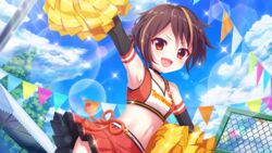  :d arm_up armpits bandou_mikuru black_gloves blonde_hair blue_sky breasts brown_hair cheerleader cloud collarbone contrapposto crop_top day dot_nose elbow_gloves female film_grain from_below game_cg gloves group_name izumi_tsubasu lens_flare looking_at_viewer midriff miniskirt multicolored_hair navel non-circular_lens_flare non-web_source official_art open_mouth outdoors pole pom_pom_(cheerleading) re:stage! red_eyes red_skirt rope shimenawa short_hair short_ponytail skirt sky small_breasts smile solo sparkle star_(symbol) streaked_hair string_of_flags sunlight tree two-tone_hair 