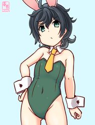  alternate_costume animal_ears artist_logo ass_visible_through_thighs bare_shoulders black_hair blurry blurry_background blush commentary_request covered_navel cowboy_shot dated detached_collar fake_animal_ears female green_eyes kanon_(kurogane_knights) kantai_collection leotard looking_at_viewer matsukaze_(kancolle) one-hour_drawing_challenge playboy_bunny rabbit_ears short_hair smile solo strapless strapless_leotard wavy_hair wrist_cuffs 