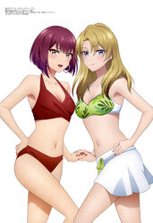  2girls absurdres bikini blonde_hair blue_eyes breasts brown_hair cleavage closed_mouth collarbone ear_piercing earrings highres holding_hands hoop_earrings jewelry kizuna_ai_inc. kizuna_no_allele leaf_print looking_at_viewer medium_breasts megami_magazine multiple_girls nail_polish navel official_art open_mouth piercing print_bikini red_bikini sarah_(kizuna_no_allele) scan short_hair simple_background smile standing swimsuit third-party_source two-tone_bikini white_background white_bikini yellow_eyes zoe_(kizuna_no_allele) 