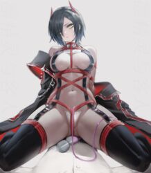  1boy absurdres ass_visible_through_thighs azur_lane bare_shoulders black_coat black_hair black_thighhighs bondage bondage bondage bound breast_strap breasts c-string chinese_commentary cleavage coat collarbone commander_(azur_lane) commentary_request commission crop_top cross ear_piercing female garter_straps hair_between_eyes hair_ornament hair_over_one_eye head_out_of_frame highres hitachi_magic_wand horns iron_cross jacket large_breasts lin_jingling long_sleeves looking_at_viewer mechanical_horns multicolored_hair navel o-ring off_shoulder pants parted_lips partial_commentary piercing red_horns red_rope restrained rope second-party_source sex_toy shadow shibari_over_clothes shirt short_hair sidelocks simple_background sitting sitting_on_person skindentation sleeveless sleeveless_shirt solo_focus stomach straddling strapless_bottom thighhighs thighs ulrich_von_hutten_(azur_lane) vibrator white_background white_hair white_jacket white_pants white_shirt yellow_eyes 