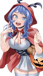  :d absurdres black_choker blue_eyes blue_hair boku_no_hero_academia breasts choker cleavage cloak dress drill_hair female fengling_(furin-jp) hadou_nejire hair_horns highres hood hooded_cloak large_breasts light_blue_hair long_hair looking_at_viewer open_mouth red_cloak smile solo thighhighs twin_drills white_dress white_thighhighs 