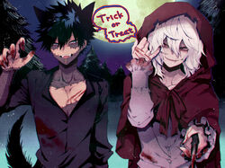  2boys animal_ears anoko_(darenokoanoko) big_bad_wolf big_bad_wolf_(cosplay) black_hair black_shirt blood blood_on_clothes blood_on_hands blue_eyes boku_no_hero_academia burn_scar capelet cheek_piercing cloak cosplay dabi_(boku_no_hero_academia) english_text full_moon highres holding holding_knife hood hood_up hooded_cloak knife little_red_riding_hood little_red_riding_hood_(grimm) little_red_riding_hood_(grimm)_(cosplay) male_focus medium_hair moon multiple_boys multiple_scars night night_sky outdoors red_capelet red_cloak red_eyes red_hood scar scar_on_face shigaraki_tomura shirt sky speech_bubble spiked_hair staple stapled tail tree trick_or_treat white_hair wolf_boy wolf_ears wolf_tail wrinkled_skin 