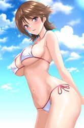  absurdres bikini blue_sky breasts brown_hair cowboy_shot female hiei_(kancolle) highres kantai_collection looking_at_viewer nitamako_(sakamalh) sky smile solo swimsuit white_bikini 