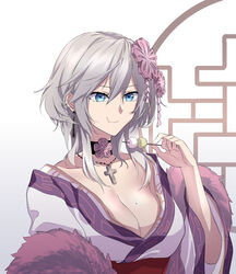  absurdres alternate_costume azur_lane blue_eyes breasts choker cleavage cross cross_necklace dango eating female food grey_hair hair_ornament highres japanese_clothes jewelry kimono large_breasts mole mole_on_breast necklace suprii upper_body wagashi washington_(azur_lane) 