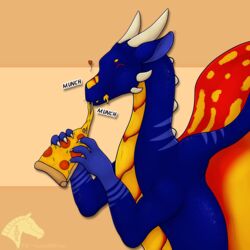  1:1 dragon eating eating_food food hi_res holding_food holding_object lumadelun male membrane_(anatomy) mythological_creature mythological_scalie mythology pepperoni pizza pizza_slice scalie simple_background solo sound_effects wings zarvug_(zarvug) 