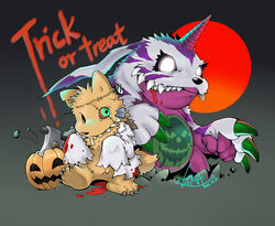  animal_skin anthro bandai_namco belly belly_markings blood blood_moon bodily_fluids claws digimon digimon_(species) duo frankenstein_costume fur glowing glowing_eyes halloween hi_res holidays horn jack-o&#039;-lantern koma_ookami male markings psychemon slightly_chubby striped_body striped_fur stripes tongue tongue_out 