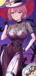  absurdres alternate_costume bat_(animal) belt black_belt black_choker black_garter_straps black_gloves blue_eyes breasts choker covered_navel cross dress fangs female fishnet_thighhighs fishnets ganmo_(takane_lui) garter_straps gloves halloween hand_on_own_hip hat highres hololive jack-o&#039;-lantern_hat_ornament mary_is_mine moon multicolored_hair night night_sky pink_hair purple_dress purple_headwear side_slit sky spider_web_print streaked_hair takane_lui thighhighs tombstone virtual_youtuber white_hair witch_hat 