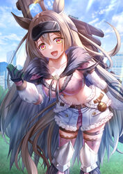  :d animal_ears belt bikini bikini_top_only black_gloves blue_skirt blue_sky breasts brown_belt brown_eyes brown_hair cape cellphone cleavage cloud collarbone cosplay_request cowboy_shot day detached_sleeves english_commentary eyewear_on_head female fur-trimmed_skirt fur_cape fur_trim gloves hair_between_eyes highres holding holding_phone horse_ears horse_girl horse_tail knee_pads large_breasts long_hair looking_at_viewer midriff miniskirt mixed-language_commentary monster_hunter_(series) multicolored_hair navel open_mouth outdoors phone purple_bikini purple_thighhighs satono_diamond_(umamusume) sidelocks skirt sky smartphone smile solo standing streaked_hair sunlight swimsuit tail thigh_strap thighhighs toshi_(1-147) umamusume very_long_hair zettai_ryouiki 