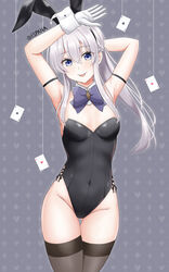  ace_(playing_card) ace_of_clubs ace_of_diamonds ace_of_hearts ace_of_spades animal_ears arms_up black_leotard black_thighhighs bow bowtie breasts card club_(shape) commentary_request covered_navel detached_collar diamond_(shape) elaina_(majo_no_tabitabi) female grey_background grey_eyes heart highres leotard long_hair majo_no_tabitabi playboy_bunny playing_card playing_card_theme ponytail purple_bow purple_bowtie rabbit_ears small_breasts solo spade_(shape) standing thigh_gap thighhighs tongue tongue_out warachia white_hair 