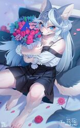  2023 4_fingers 4_toes 5:8 anthro aruurara black_bottomwear black_clothing black_skirt blue_eyes bottomwear bouquet braided_hair canid canine chest_tuft clothing cushion eyebrow_through_hair eyebrows feet female fingers flower flower_bouquet fox fur grey_hair hair hi_res inner_ear_fluff kemono looking_at_viewer mammal multicolored_hair plant pleated_skirt sitting skirt solo toes translucent translucent_hair tuft two_tone_hair white_body white_fur 