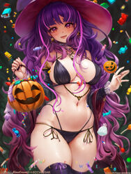  bikini black_bikini blush breasts candy condom condom_packet_strip condom_wrapper female food halloween halloween_costume hat holding holding_candy holding_food holding_lollipop jack-o&#039;-lantern lollipop long_hair looking_at_viewer mina_cream multiple_condoms navel open_mouth original pumpkin smile solo string_bikini swimsuit thick_thighs thighhighs thighs very_long_hair witch_hat 