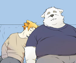  2023 anthro belly big_belly bottomwear canid canine canis closed_eyes clothing domestic_dog duo hi_res inunoshippo kemono male mammal overweight overweight_male pants shirt sitting sleeping topwear 