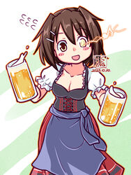  alcohol alternate_costume apron artist_logo beer beer_mug blue_apron bodice breasts brown_hair cleavage cup dated dirndl female flying_sweatdrops furutaka_(kancolle) german_clothes glowing glowing_eye heterochromia kantai_collection kutone_shirika medium_breasts mug puffy_short_sleeves puffy_sleeves red_skirt shirt short_hair short_sleeves skirt solo waist_apron white_shirt yellow_eyes 