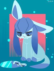  2023 blue_background blue_body digital_media_(artwork) eeveelution feral generation_4_pokemon glaceon glistening hydrabb leg_markings markings nintendo pokemon pokemon_(species) puddle reflection simple_background socks_(marking) solo water water_reflection 