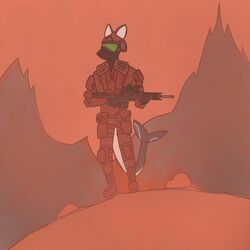  1:1 alien desert fish floofshark great_mother_(setting) gun hi_res johmn_(artist) marine marksman martian military mountain ranged_weapon rifle rifle_scope shark shark_tail sniper_rifle soldier soldier_helmet soldier_uniform streamline_(character) warrior weapon 