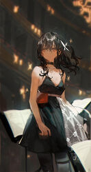  aona_(ns) averting_eyes black_choker black_dress black_pantyhose breasts brown_hair choker cowboy_shot dress female girls&#039;_frontline girls&#039;_frontline_neural_cloud hair_between_eyes hair_ornament hatsuchiri_(neural_cloud) medium_hair mole mole_on_breast music_stand official_alternate_costume one_side_up pantyhose red_eyes small_breasts solo spaghetti_strap 