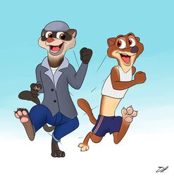  anthro barefoot blue_background brown_body brown_eyes clothed clothing disney domestic_ferret duke_weaselton duo feet hi_res looking_at_another male male/male mammal mustelid musteline open_mouth open_smile pawpads red_eyes running shirt signature simple_background smile tank_top thedomjenkins topwear travis_(zootopia) true_musteline weasel zootopia 