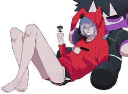  1boy ametaro_(ixxxzu) animal_ears barefoot black_shorts boku_no_hero_academia character_doll dabi_(boku_no_hero_academia) dolphin_shorts feet grey_hair highres hood hood_up hoodie male_focus medium_hair middle_finger multiple_scars rabbit_ears red_eyes red_hoodie scar scar_on_face shigaraki_tomura short_hair shorts simple_background sitting solo spiked_hair toes white_background wrinkled_skin 