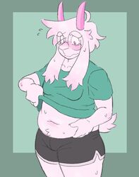  2_horns absurd_res alnoodle anthro belly_overhang belly_rolls black_bottomwear black_clothing black_shorts blush bodily_fluids bottomwear bovid bulge caprine clothed clothing deep_navel deltarune eyewear floppy_ears fur glasses goat green_clothing green_shirt green_topwear hand_on_belly hi_res horn long_ears male mammal moobs mouth_closed navel overweight overweight_anthro overweight_male pink_eyes ralsei round_glasses scut_tail shirt shirt_up short_tail shorts snout solo sweat tail topwear undertale_(series) wearing_glasses weight_conscious white_body white_fur 