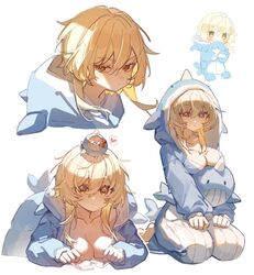  angry animal_costume blonde_hair breasts chibi cleavage closed_mouth expressionless female genshin_impact hair_between_eyes highres hood horns long_sleeves looking_at_viewer lumine_(genshin_impact) medium_breasts multiple_views narwhal onesie short_hair short_hair_with_long_locks sidelocks single_horn ssm_(ssm82048039) stuffed_narwhal stuffed_toy yellow_eyes 