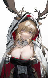  animal_ears antlers antlers_through_headwear arknights black_dress black_gloves breasts brown_hair cleavage closed_mouth commentary deer_antlers deer_ears deer_girl dress ears_through_headwear female gloves gradient_background grey_background hair_between_eyes highres hood hood_up hooded_jacket horns jacket jacket_on_shoulders long_hair looking_at_viewer medium_breasts partially_fingerless_gloves purple_eyes solo upper_body very_long_hair viviana_(arknights) white_jacket yuuki_mix 