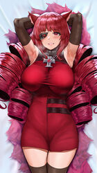  absurdres animal_ear_fluff animal_ears armpits artificial_eye blush breasts cat_ears choker commentary cross cross_necklace dress drill_hair elbow_gloves female gloves highres iron_cross jewelry large_breasts long_hair looking_at_viewer mechanical_eye necklace pencil_dress quad_drills red_dress red_eyes red_hair ringlets short_dress sidelocks smile solo stella_hoshii sweaty_armpits t3x thighhighs thighs va-11_hall-a very_long_hair 