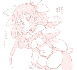  asymmetrical_wings bare_shoulders blush breasts commentary_request dizzy_(guilty_gear) feathered_wings female flying_sweatdrops guilty_gear hair_ribbon hair_rings limited_palette long_hair long_sleeves medium_breasts monochrome navel randou ribbon simple_background skindentation smile solo tail thighhighs translation_request underboob white_background wings 