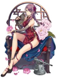  ankle_ribbon anklet azur_lane bare_shoulders black_footwear blue_eyes blush bow braid breasts bridal_garter bridal_gauntlets brown_gloves bun_cover cannon chair china_dress chinese_clothes closed_mouth crossed_ankles curlew_(azur_lane) curlew_(rhythm_of_the_dragon_empery)_(azur_lane) dress female flats flower folding_fan full_body gloves gold_trim groin hair_bun hair_flower hair_ornament hairbow hand_fan highres holding holding_fan jewelry large_breasts lattice leg_ribbon long_hair monety official_alternate_costume official_art pelvic_curtain pink_flower purple_hair purple_ribbon red_dress ribbon rigging shoes sidelocks single_braid single_hair_bun sitting skindentation solo taut_clothes taut_dress thighs transparent_background turret 