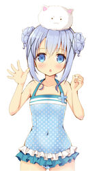  :o angora_rabbit animal animal_on_head bad_id bad_pixiv_id blue_eyes blue_hair blush casual_one-piece_swimsuit chestnut_mouth commentary_request covered_navel double_bun female gochuumon_wa_usagi_desu_ka? hair_bun hair_ornament kafuu_chino looking_at_viewer mori_airi on_head one-piece_swimsuit polka_dot polka_dot_swimsuit rabbit rabbit_on_head simple_background swimsuit tippy_(gochiusa) white_background x_hair_ornament 