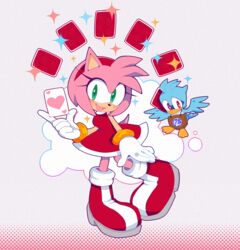  2018 accessory amy_rose anthro avian bird birdie_(sonic_adventure) boots card clothing duo eulipotyphlan female footwear gloves green_eyes hair hair_accessory hairband handwear hearts_(suit) hedgehog hi_res mammal on_model pink_hair playing_card sega short_hair sonic_the_hedgehog_(series) thin_calves thin_legs thin_thighs zzavok 