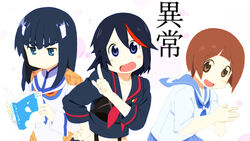  3girls :d black_hair blue_eyes book brown_eyes brown_hair commentary_request cosxyz derivative_work epaulettes highres hyadain_no_kakakata_kataomoi_-_c index_finger_raised junketsu kill_la_kill kiryuuin_satsuki mankanshoku_mako matoi_ryuuko multiple_girls nichijou open_mouth parody school_uniform senketsu serafuku smile style_parody thick_eyebrows v-shaped_eyebrows 