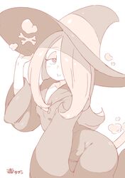  breasts cleavage collarbone commentary_request dress female hair_over_one_eye half-closed_eyes hat little_witch_academia long_hair long_sleeves medium_breasts randou simple_background sleeves_past_wrists smile solo sucy_manbavaran white_background wide_sleeves witch witch_hat 