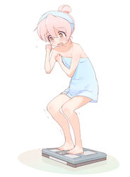  :o after_bathing ahoge bare_arms bare_legs bare_shoulders barefoot bathroom_scale blush brown_eyes clenched_hands commentary dot_nose female full_body hair_between_eyes hair_up highres kyarahiba naked_towel onii-chan_wa_oshimai! oyama_mahiro pink_hair simple_background solo towel trembling wavy_mouth weighing_scale white_background 