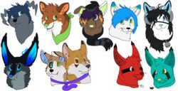  2013 aliasing ambiguous_form ambiguous_gender bell bell_collar big_ears black_collar black_hair black_markings black_nose black_scarf blonde_highlights blue_body blue_eyes blue_fur blue_hair blue_inner_ear blue_markings blue_nose blush brown_body brown_eyes brown_fur brown_nose canid canine canis cat_demon collar countershade_fur countershading curled_horn demon digital_drawing_(artwork) digital_media_(artwork) domestic_cat ear_piercing ear_tuft ethiopian_wolf eye_contact eye_patch eyewear facial_piercing fangs felid feline felis flat_colors fox fur gradient_inner_ear green_eyes green_inner_ear green_kerchief green_neckerchief green_nose green_tongue grey_body grey_countershading grey_fur grey_horn grey_nose group hair hair_over_eye head_tuft headshot_portrait heterochromia highlights_(coloring) horn hybrid jewelry kerchief lip_piercing lip_ring looking_at_another mammal markings microsoft_paint_(artwork) neckerchief necklace necktie one_ear_up one_eye_obstructed open_mouth open_smile orange_inner_ear orange_markings piercing pink_blush pink_inner_ear portrait purple_eyes purple_hair purple_necktie red_(weaselwares) red_body red_fox red_fur ring_piercing scarf sebdoggo simple_background smile snout sparklefur star_(marking) teeth tongue true_fox tuft whiskers white_background white_body white_countershading white_fur white_markings yin_yang 