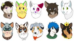  2013 aliasing ambiguous_form ambiguous_gender american_opossum angry australian_shepherd black_body black_fur black_highlights black_nose blue_eyes blue_hair blue_inner_ear blue_nose bow_tie brown_body brown_eyes brown_fur brown_hair brown_inner_ear brown_kerchief brown_neckerchief button_ears canid canine canis clothed clothing collar crown digital_drawing_(artwork) digital_media_(artwork) domestic_cat domestic_dog eyebrows eyelashes facial_piercing facial_scar fangs felid feline felis flat_colors floppy_ears freckles fur green_clothing green_ears green_eyes green_inner_ear green_markings green_nose green_topwear grey_body grey_bow_tie grey_eyes grey_fur grey_inner_ear group hair hair_over_eye head_tuft headgear headshot_portrait herding_dog highlights_(coloring) humanoid humanoid_pointy_ears jewelry kerchief lip_piercing looking_at_viewer mammal markings marsupial microsoft_paint_(artwork) missing_ear neck_bow neckerchief necklace one_eye_obstructed orange_collar pastoral_dog pattern_kerchief pattern_neckerchief piercing pink_inner_ear pink_nose plaid_kerchief plaid_neckerchief portrait purple_eyes purple_nose red_bow red_ears red_inner_ear red_markings ringed_eyes scar sebdoggo sheepdog shiba_inu simple_background smile snout snout_scar spitz tan_body tan_fur teeth topwear tuft underbite whiskers white_background white_body white_fur white_skin yellow_body yellow_eyes yellow_fur 