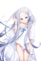  absurdres blue_eyes blue_ribbon closed_mouth collarbone colored_eyelashes commentary_request dress female floating_hair forehead grey_hair hair_ribbon hand_in_own_hair highres long_hair looking_at_viewer mofashi_(sxaf8777) naked_poncho off_shoulder pandora_(re:zero) parted_bangs re:zero_kara_hajimeru_isekai_seikatsu ribbon ribbon-trimmed_clothes ribbon-trimmed_dress ribbon-trimmed_shirt ribbon_trim simple_background smile solo standing very_long_hair white_background white_dress wind 