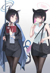  2girls animal_ears black_choker black_hair black_jacket black_pantyhose black_skirt blazer blue_archive blue_halo blunt_ends blush cat_ears cat_tail choker colored_inner_hair commentary commentary_request extra_ears gun gun_on_back gun_sling halo haori highres jacket japanese_clothes kazusa_(blue_archive) kikyou_(blue_archive) looking_at_another miniskirt multicolored_hair multiple_girls multiple_tails office_lady pantyhose partial_commentary pencil_skirt pink_hair pink_halo shirt short_hair shougun_(chuckni1) sideways_glance simple_background skirt sleeveless sleeveless_shirt sweatdrop tail trait_connection two-tone_hair weapon weapon_on_back white_background white_shirt 