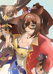  absurdres animal_ears bird blue_background blue_eyes breasts buttons cleavage clenched_hand commentary_request double-breasted eagle ear_ornament el_condor_pasa_(umamusume) female hair_between_eyes highres horse_ears horse_girl jacket jitome_no_tsugumi large_breasts long_hair long_sleeves looking_at_viewer mambo_(umamusume) ponytail purple_skirt red_jacket shirt simple_background skirt smile solo umamusume very_long_hair yellow_shirt 