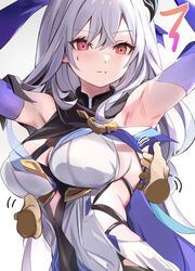  armpits arms_up bare_shoulders breasts butterfly_hair_ornament closed_mouth expressionless female genshin_impact gradient_sleeves grey_hair hair_between_eyes hair_ornament highres long_hair looking_at_viewer medium_breasts pov pov_hands red_eyes skirk_(genshin_impact) solo sweatdrop tomas_(kaosu22) upper_body very_long_hair white_background 