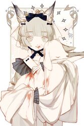  animal animal_ears aqua_jingche black_bow black_ribbon blanket blood_on_mouth bow chinese_commentary closed_eyes collar collarbone commentary_request female frilled_collar frilled_sleeves frills grey_eyes hairbow highres holding holding_animal injury jacket lamb layered_sleeves long_sleeves looking_at_viewer multiple_hair_bows open_mouth original plant ribbon sheep sleeves_past_wrists solo sparkle straight-on teeth upper_body vines white_background white_collar white_headdress white_jacket white_sleeves white_veil wide_sleeves wolf_ears 