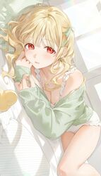  absurdres blonde_hair blush bow breasts cardigan cleavage collarbone crossed_bangs curly_hair female green_bow green_cardigan hairbow highres kinako_(shiratama_mochi) kogara_toto lips long_hair looking_at_viewer lupinus_virtual_games lying off_shoulder on_bed on_side one-piece_swimsuit red_eyes rubber_duck sleeves_past_wrists solo swimsuit virtual_youtuber vspo! white_one-piece_swimsuit window 