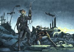  2023 absurd_res aircraft anthro argonian assault_rifle bad_trigger_discipline biped black_bottomwear black_clothing black_jacket black_pants black_shirt black_topwear bone bottomwear clothing crossover cybernetics cyborg destroyed_building detailed_background duo ewgengster_(artist) exposed_endoskeleton feather_hair feathers female gun hi_res holding_gun holding_object holding_ranged_weapon holding_weapon jacket machine microsoft military outside pants pseudo_hair ranged_weapon red_sclera rifle scales scalie sha_(ewgengster) shirt skull t-800_series_(terminator) terminator_(franchise) terminators_(terminator) the_elder_scrolls topwear traditional_media_(artwork) vehicle weapon yellow_body yellow_scales 